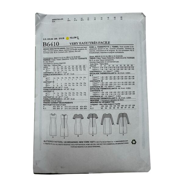 BUTTERICK Fast & Easy Sheath Dress Pattern Uncut Size A5 (6-8-10-12-14) B6410 - Picture 2 of 5